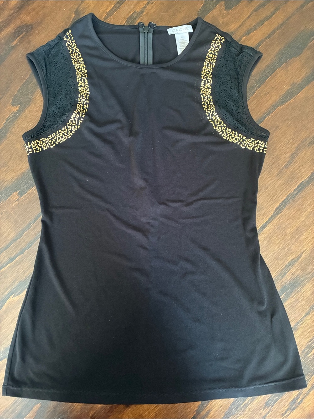 Cache Black Tank Top with Gold Stud Trim